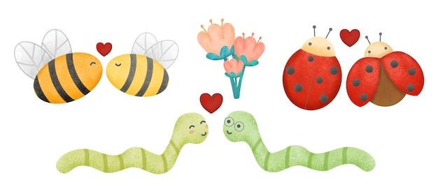 Векторная иллюстрация ко дню святого валентина три симпатичные пары насекомых на белом фоне с множеством сердец для графического дизайнера создают брошюру с художественными карточками для различных приглашений или поздравлений