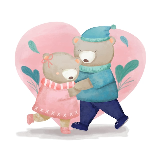 Valentine’s Day vector illustration Two cute Bears in a heart shape decorated with many leaves for graphic designer create artwork card brochure for various invitations or greetings