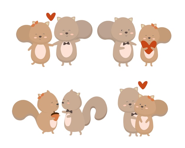Valentine’s Day vector illustration Two cute couple squirrels on white background with many hearts for graphic designer create artwork card brochure for various invitations or greetings