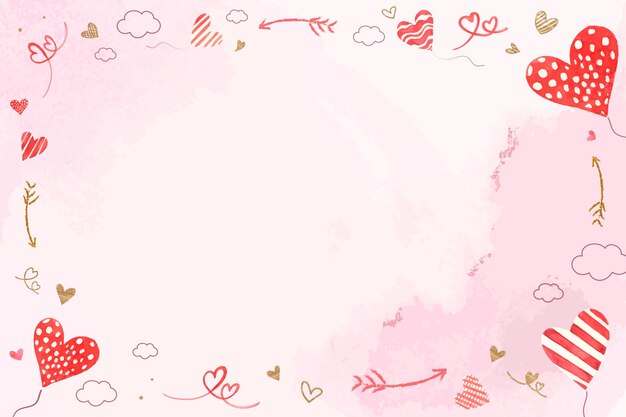 バレンタインのハートバルーンフレームベクトルピンクの水彩画の背景
