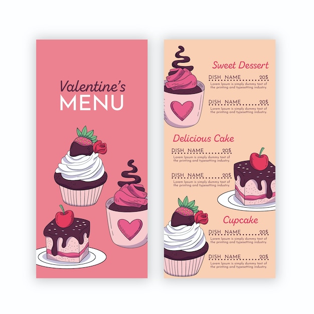 Vettore gratuito modello di menu di san valentino con cupcakes