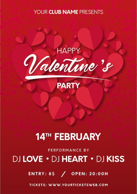 Free vector valentine's party poster with hearts ready to print