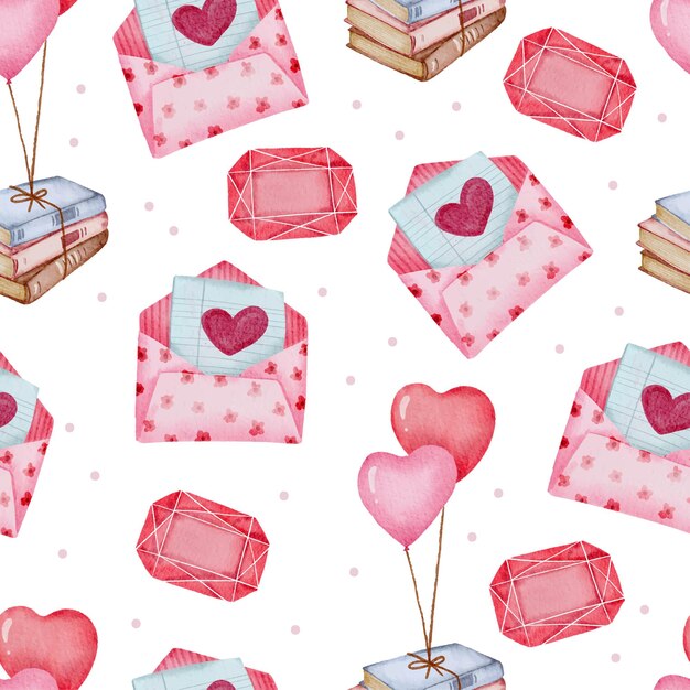 Valentine seamless pattern with envelope, chocolate, books.