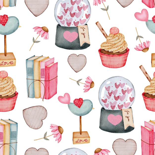 Modello senza cuciture di san valentino con cuore, libri di cupcake