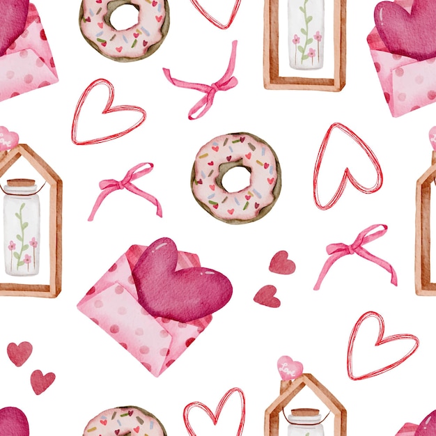 Valentine seamless pattern with heart, donut ribbons and more.