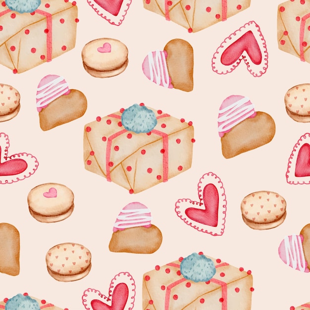 Valentine seamless pattern with heart, gifts, cupcakes and more.