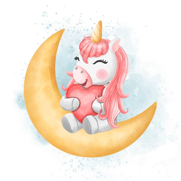 Free vector a valentine unicorn sitting on the moon