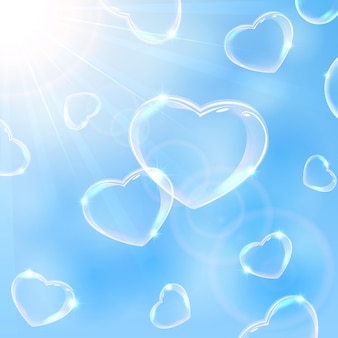 Valentines background with hearts from soap bubbles on sky background, illustration.