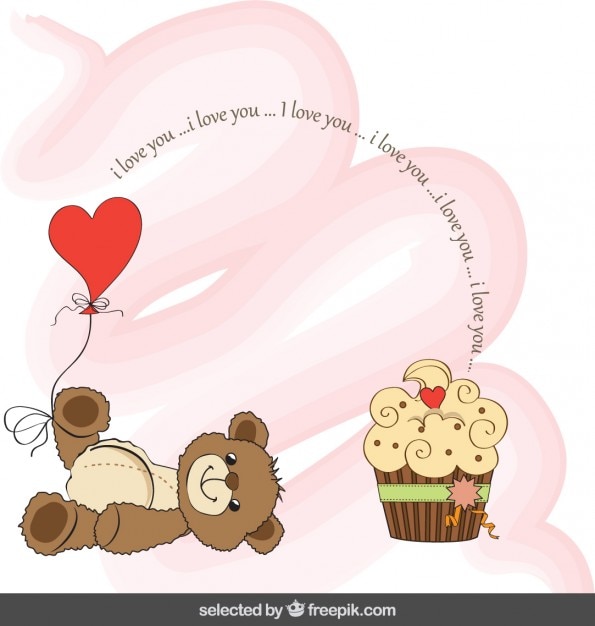 Free vector valentines card with adorable teddy bear and cupcake