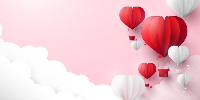 バレンタインの日とパステルカラーの背景 赤と白のハート形の空を飛んでいる風船 ペーパーアート プレミアムベクター