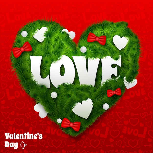 Free vector valentines day card with green heart from fir branches ribbon bows and baubles isolated vector illustration