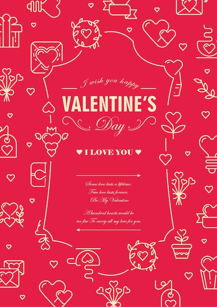 빨간색 그림에 장식 프레임의 중심에 연인의 전통적인 날에 대한 단어로 발렌타인 데이 디자인 카드