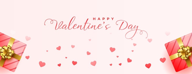 Valentines day greeting banner with gift boxes and floating hearts