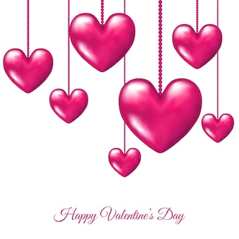 Поздравительная открытка на день святого валентина с висящими розовыми реалистичными 3d-сердечками. векторный фон для флаера с приглашением на вечеринку, сохраните шаблоны карт даты.
