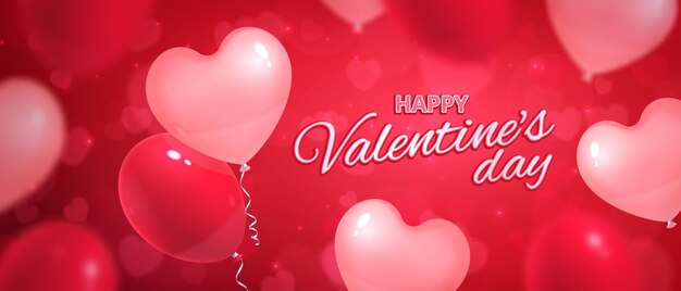 Valentines day hearts horizontal banner with realistic balloons and blurred hearts