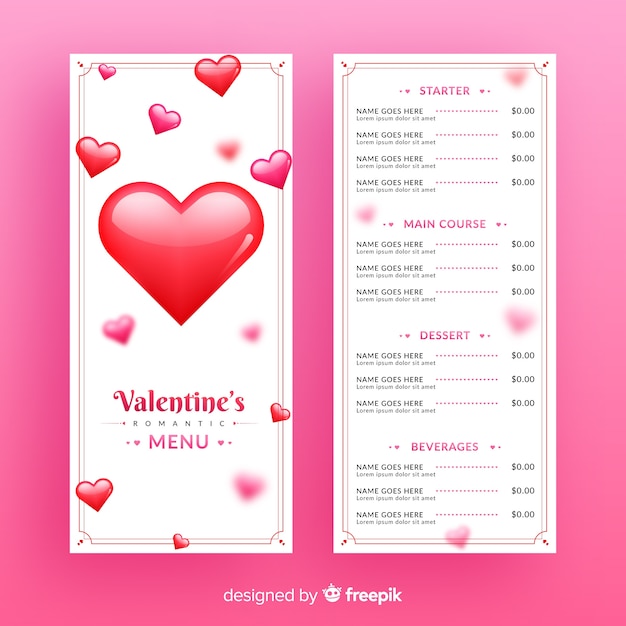 Free vector valentines day menu template in realistic style