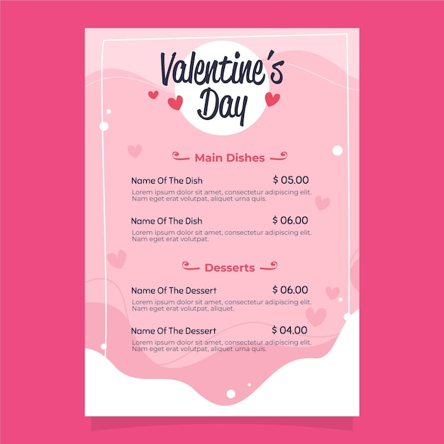 Modello di menu di san valentino