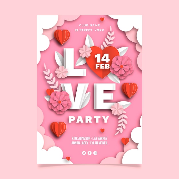 Valentines day party poster template in paper style