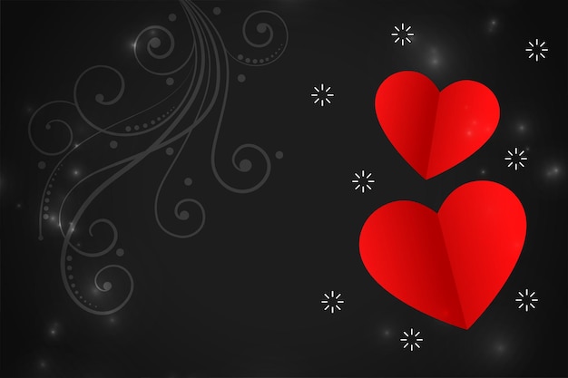 Valentines day red hearts on black floral background