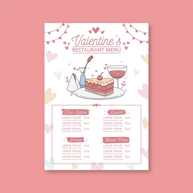 Modello di menu del ristorante di san valentino