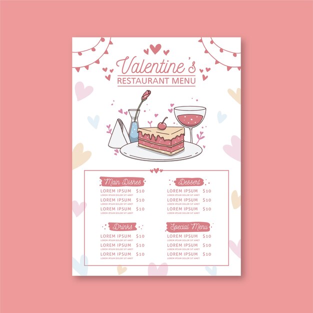 Шаблон меню ресторана День Святого Валентина