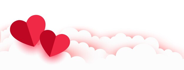 발렌타인 데이 로맨틱 종이 하트와 구름 배너
