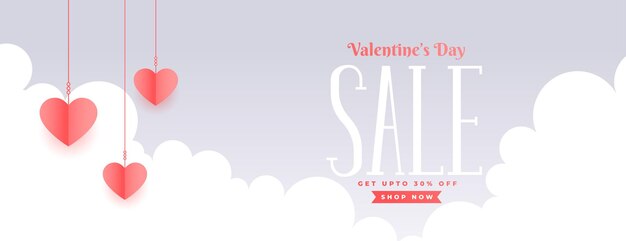 Valentines day sale banner with clouds and hanging hearts