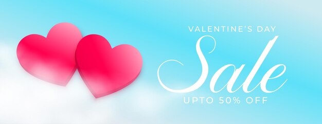 Valentines day sale banner with two hearts on the realistic clouds sky background