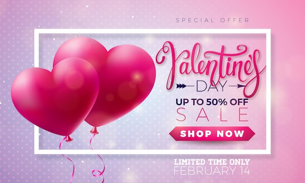 Valentines day sale design with red heart balloon on shiny pink background vector special offer