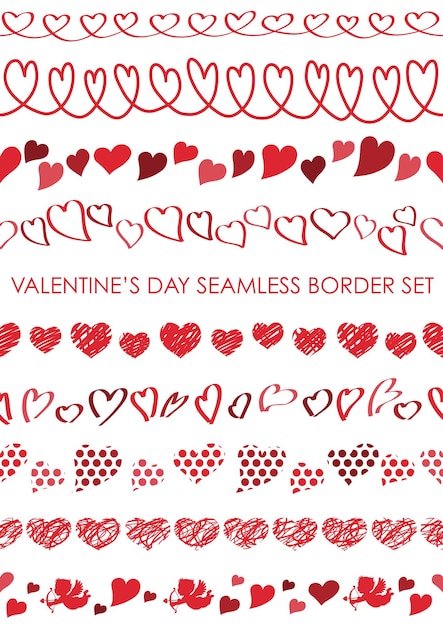 Free vector valentines day seamless vector borders set isolated on a white background. horizontally repeatable.