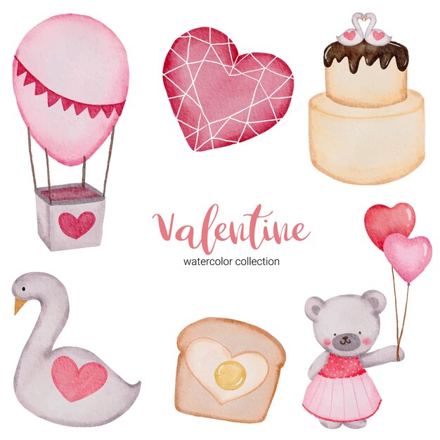 Valentines Day set elements air balloon, cake, teddy and more.