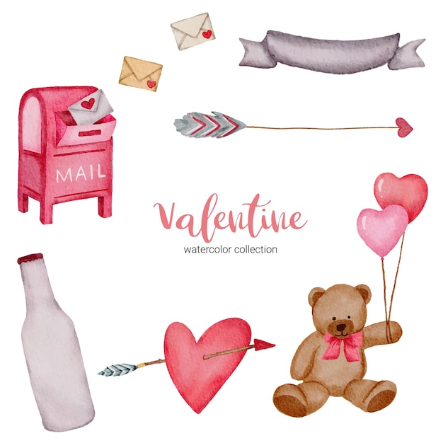 Vettore gratuito san valentino imposta elementi palloncini, freccia, cuore, orsacchiotto e altro ancora.