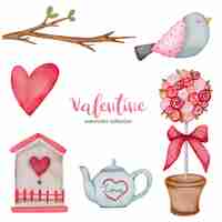 Free vector valentines day set elements branches, birds, heart, teapot and more.