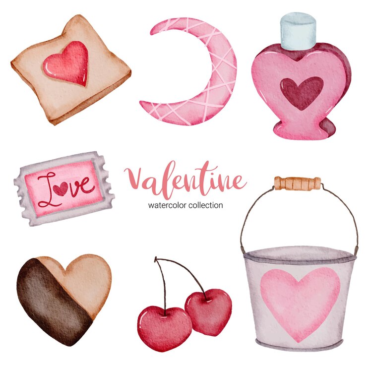 Free Vector valentines day set elements cherry, bucket, candy and more.