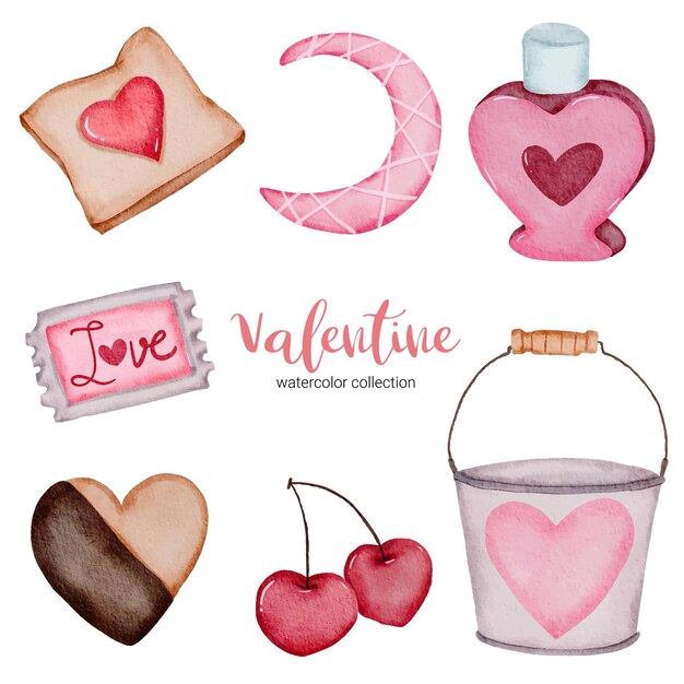 Valentines Day set elements cherry, bucket, candy and more.