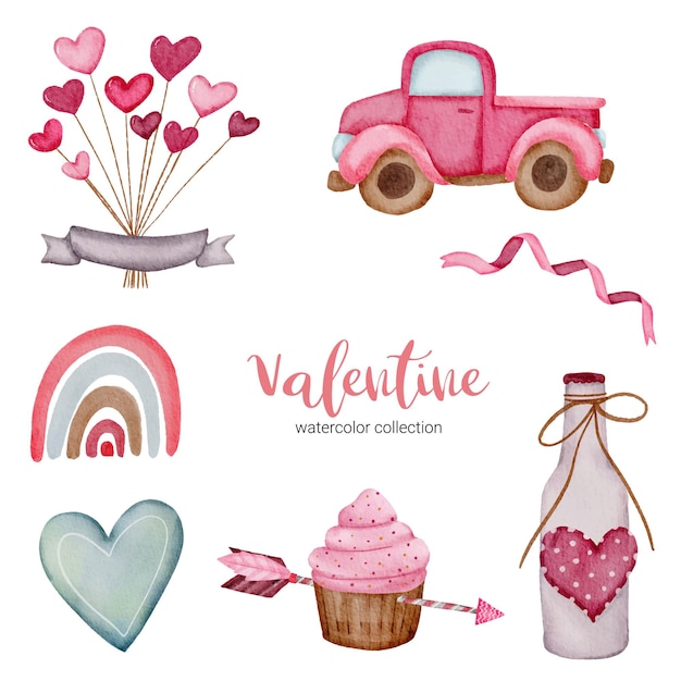 Valentines Day set elements cup cake, car, heart and more.
