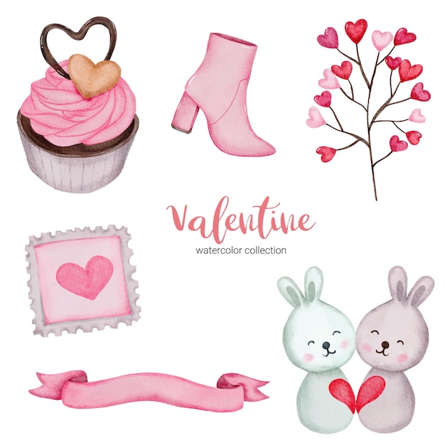 San valentino impostare elementi cup cake, nastro, cuscino e altro ancora. modello per kit di adesivi, auguri, congratulazioni, inviti, pianificatori. illustrazione vettoriale