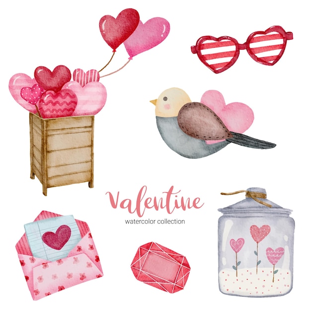 Конверт элементов комплекта Дня святого Валентина, птица; воздушный шар, солнцезащитные очки и многое другое.