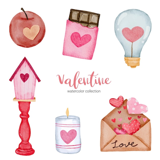 Valentines day set elements, frame, light, candle, apple, chocolate and more.