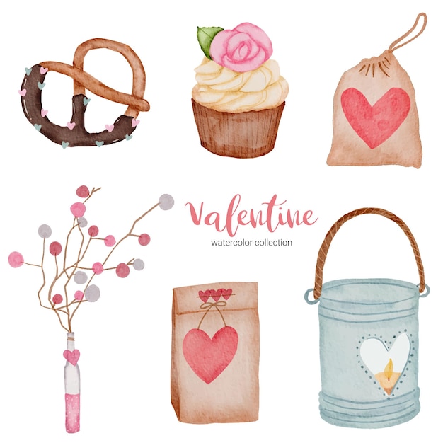 Valentines Day set elements, heart, bag, cupcake and etc.
