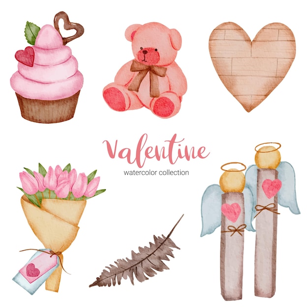 Valentines Day set elements, heart, cupcake; teddy, and etc.