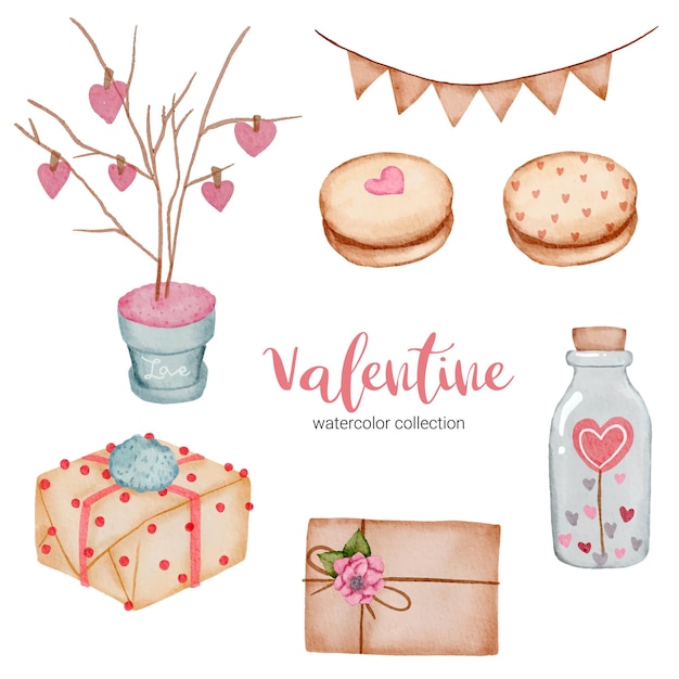バレンタインデーのセット要素、ハート、ギフト、ケーキなど。