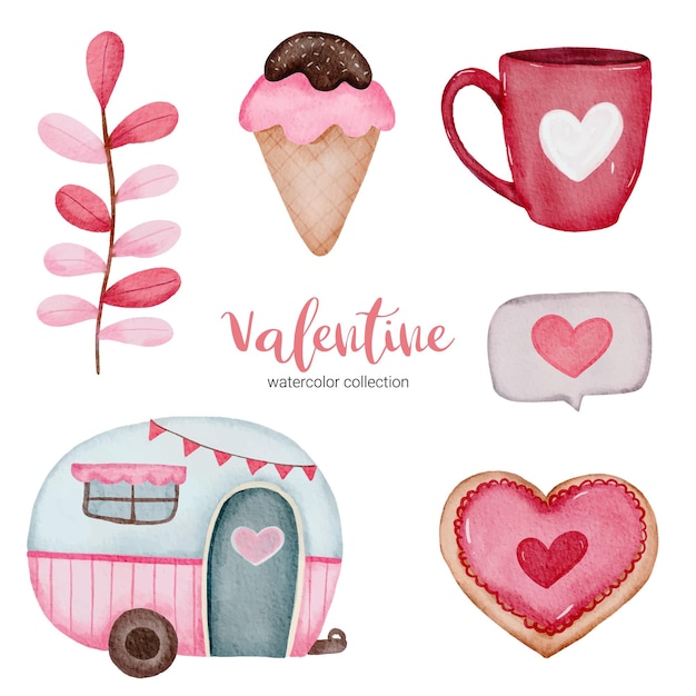 Free vector valentines day set elements ice cream, coffee cup, house and more.