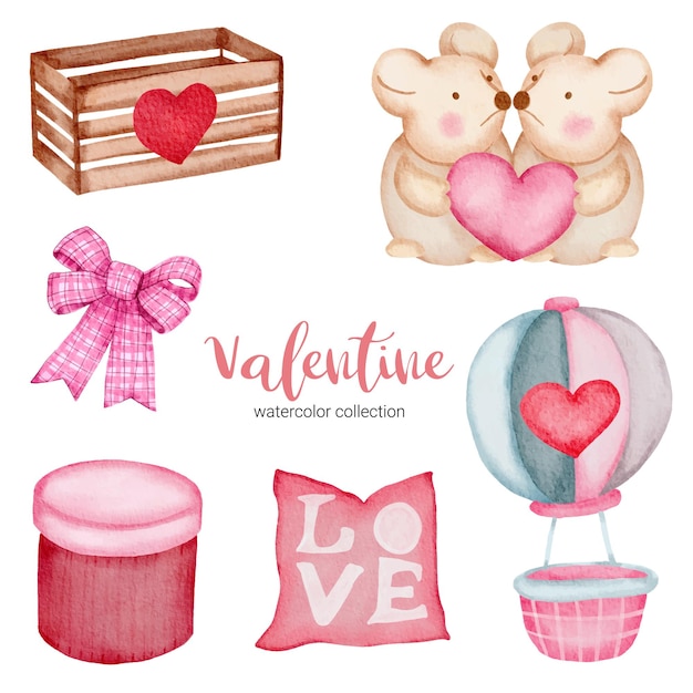 Valentines day set elements pillow, air balloon, mouse and more.