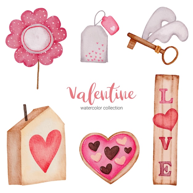 Free vector valentines day set elements tea pack, flowers, key ring and more.