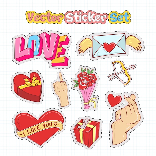 Valentines day sticker patches in doodle style. vector illustration