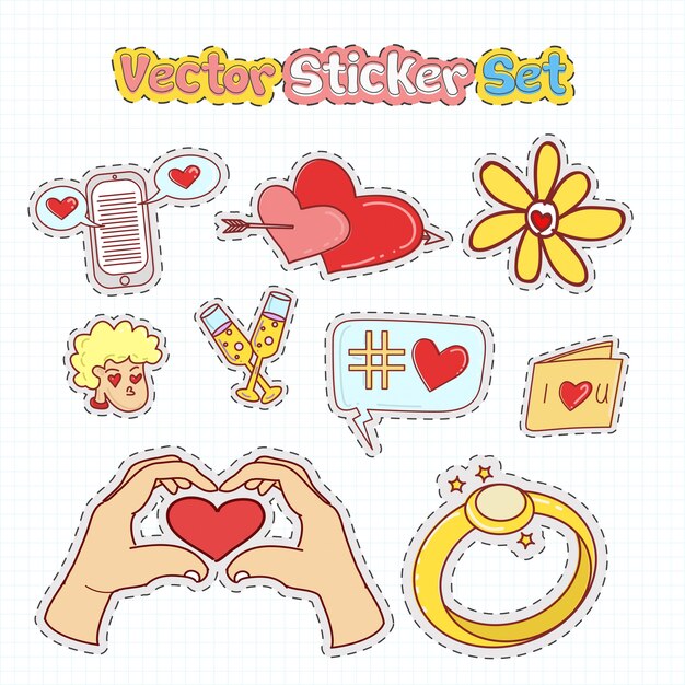 Valentines day sticker patches in doodle style. vector illustration