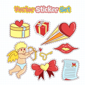 Valentines day sticker patches in doodle style. vector illustration