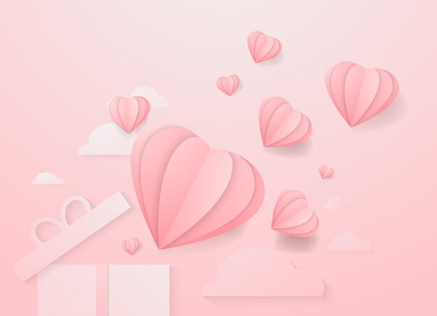 Valentines hearts with gift box postcard paper flying elements on pink background vector symbols of ...