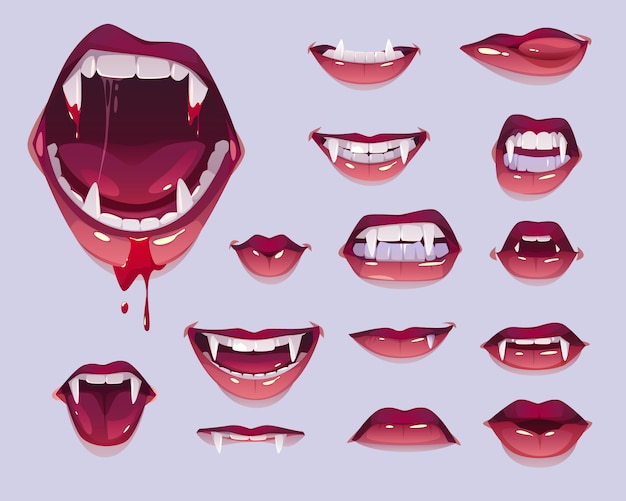 Vampire mouth with fangs set, female red lips